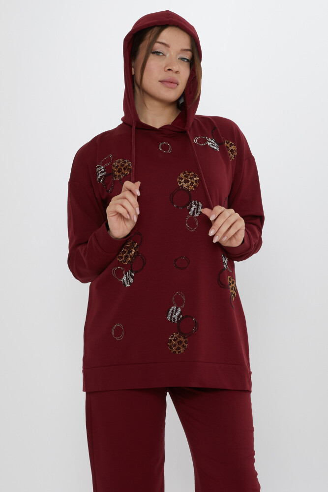 Eşofman Takımı Taşlı Desenli Bordo - 17898 | KAZEE (3'lü Set M-L-XL) - 3