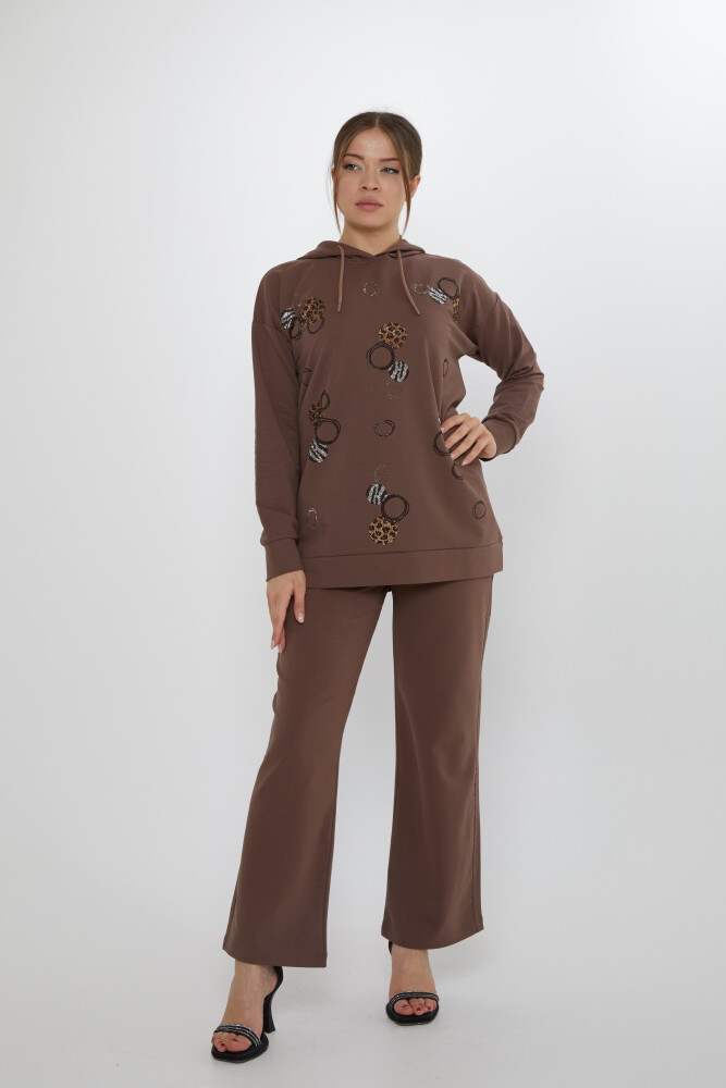 Eşofman Takımı Taşlı Desenli Kahve - 17898 | KAZEE (3'lü Set M-L-XL) - 1
