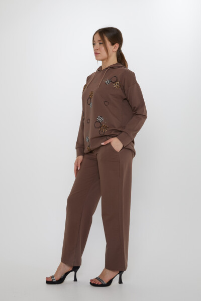 Eşofman Takımı Taşlı Desenli Kahve - 17898 | KAZEE (3'lü Set M-L-XL) - 5