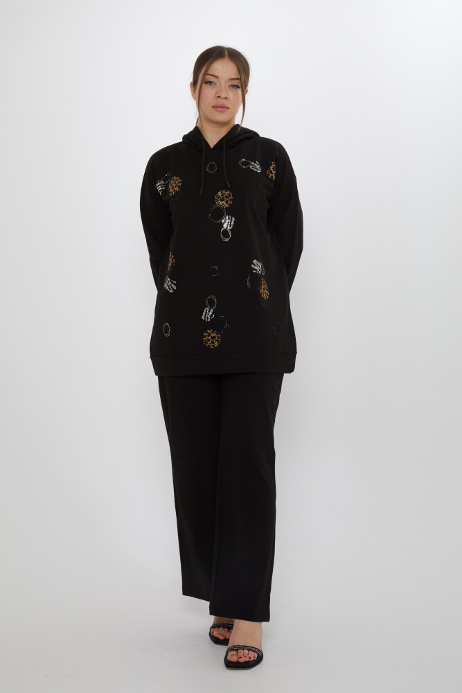 Eşofman Takımı Taşlı Desenli Siyah - 17898 | KAZEE (3'lü Set M-L-XL) - 2