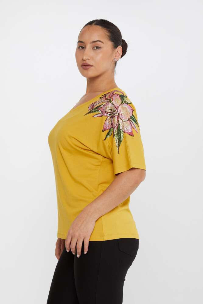 بلوز گل سنگ دوزی زعفرانی آستین کوتاه - 79585 | KAZEE (مجموعه 4 M-L-XL-2XL) - 2