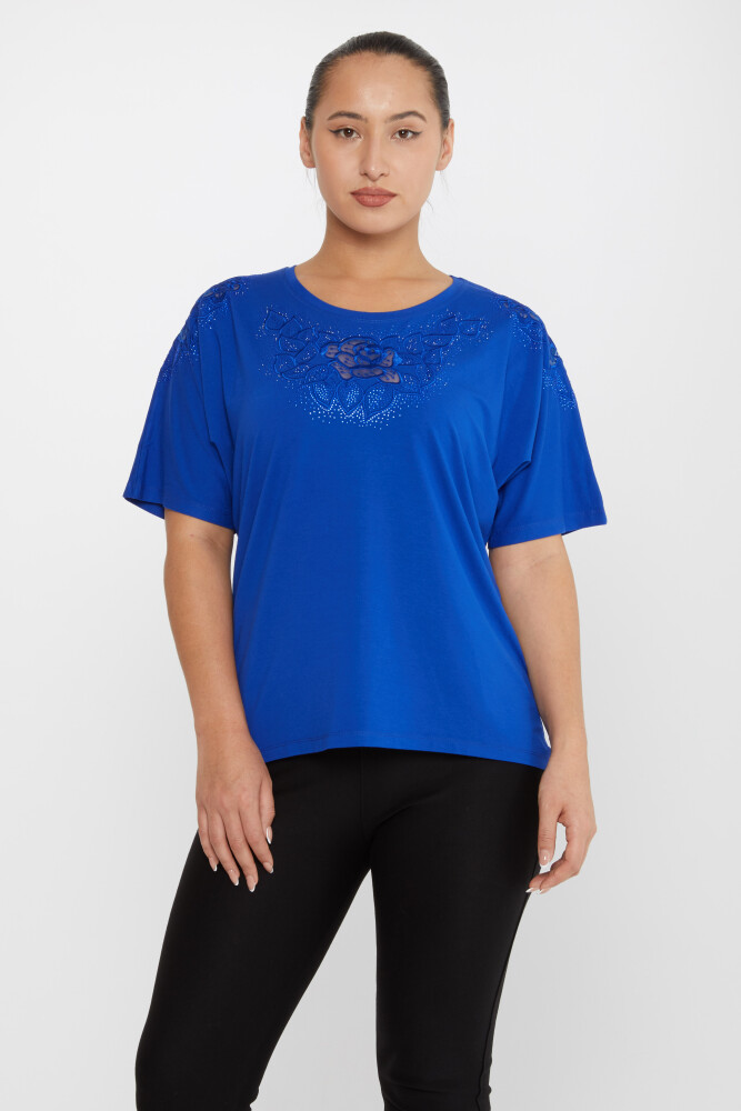 بلوز رز گلدوزی سنگ ساکس - 80062 | KAZEE (مجموعه 4 عددی L-XL-2XL-3XL) - 1