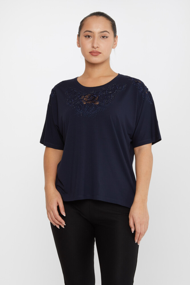 ﻿بلوز رز گلدوزی سنگی آبی سرمه ای - 80062 | KAZEE (مجموعه 4 عددی L-XL-2XL-3XL) - 2