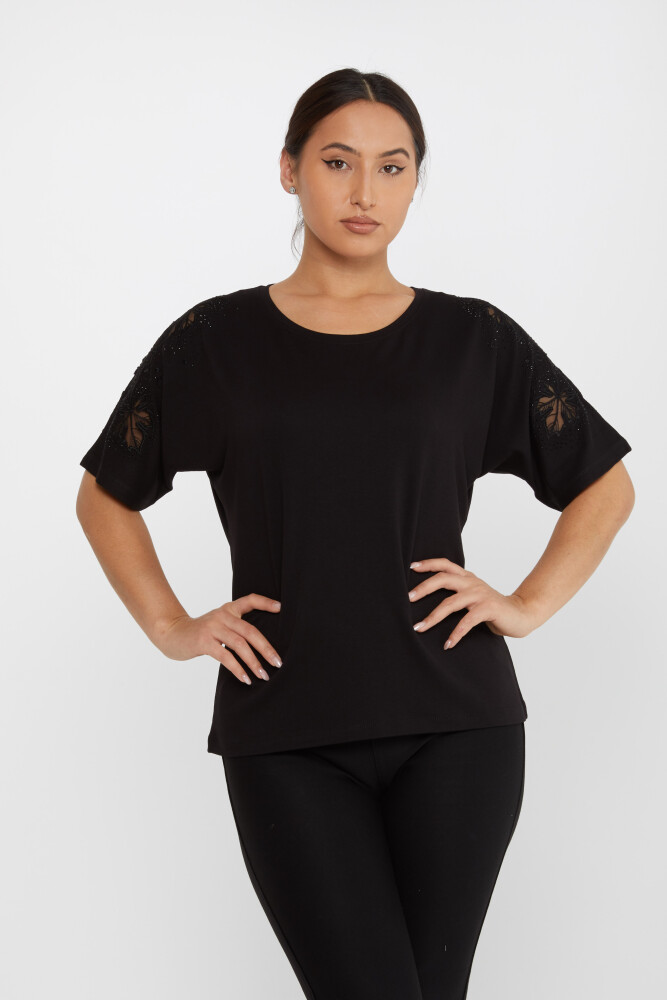 سنگ دوزی لیف بلوز آستین کوتاه مشکی - 79888 | KAZEE (مجموعه 4 M-L-XL-2XL) - 1