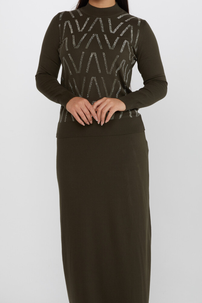 ست دو ست سنگ دوزی یقه خاکی پایه دار - 31298 | KAZEE (مجموعه 5 M-L-XL-2XL-3XL) - 2