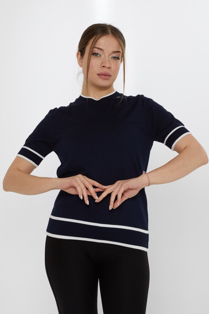 ژاکت بافتنی سنجاق سینه با جزئیات سرمه ای آبی-اکرو - 31292 | KAZEE (مجموعه 4 M-L-XL-2XL) - 1