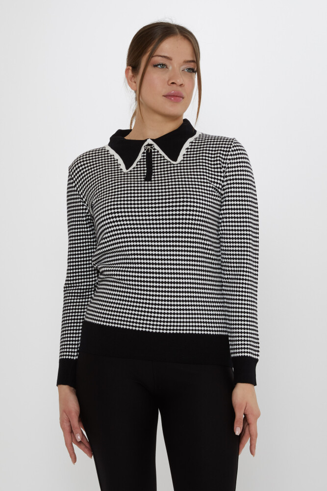 ژاکت بافتنی شطرنجی طرح دار مشکی-اکرو - 31339 | KAZEE (ست 3 M-L-XL) - 1