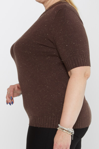 ژاکت بافتنی یقه براق جزئیات آستین کوتاه قهوه ای - 31610 | KAZEE (مجموعه 3 عددی XL-2XL-3XL) - 3