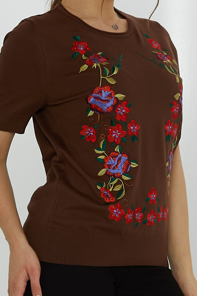 ژاکت بافتنی گل دوزی سنگ دوزی قهوه - 31728 | KAZEE (ست 3 L-XL-2XL) - 4