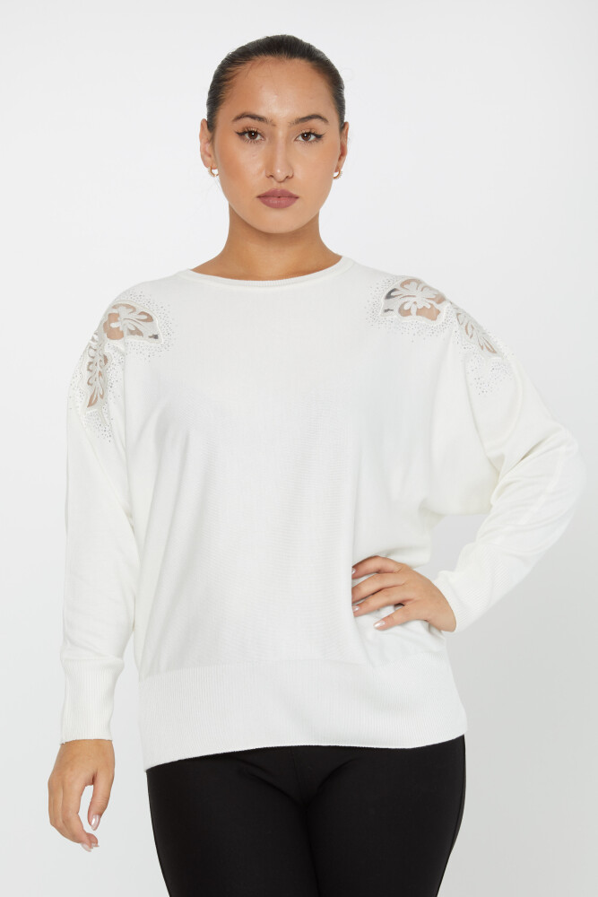 ژاکت بافتنی اکرو سنگ دوزی شده با جزییات توری شانه - 30903 | KAZEE (مجموعه 4 عددی L-XL-2XL-3XL) - 1