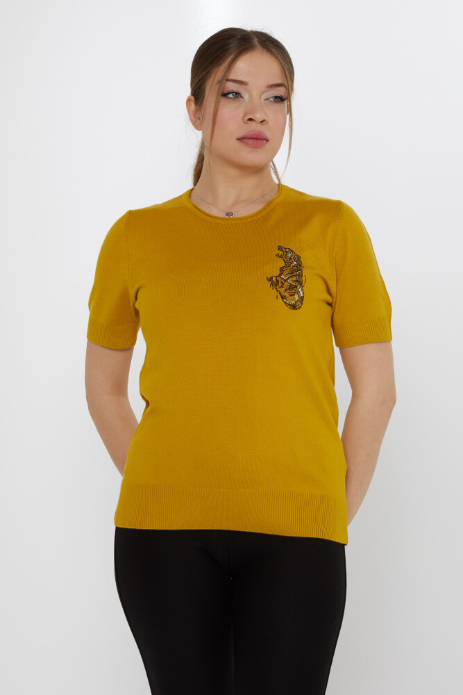 ژاکت بافتنی سنگ ببر زعفرانی دوزی شده - 31596 | KAZEE (ست 3 M-L-XL) - 1