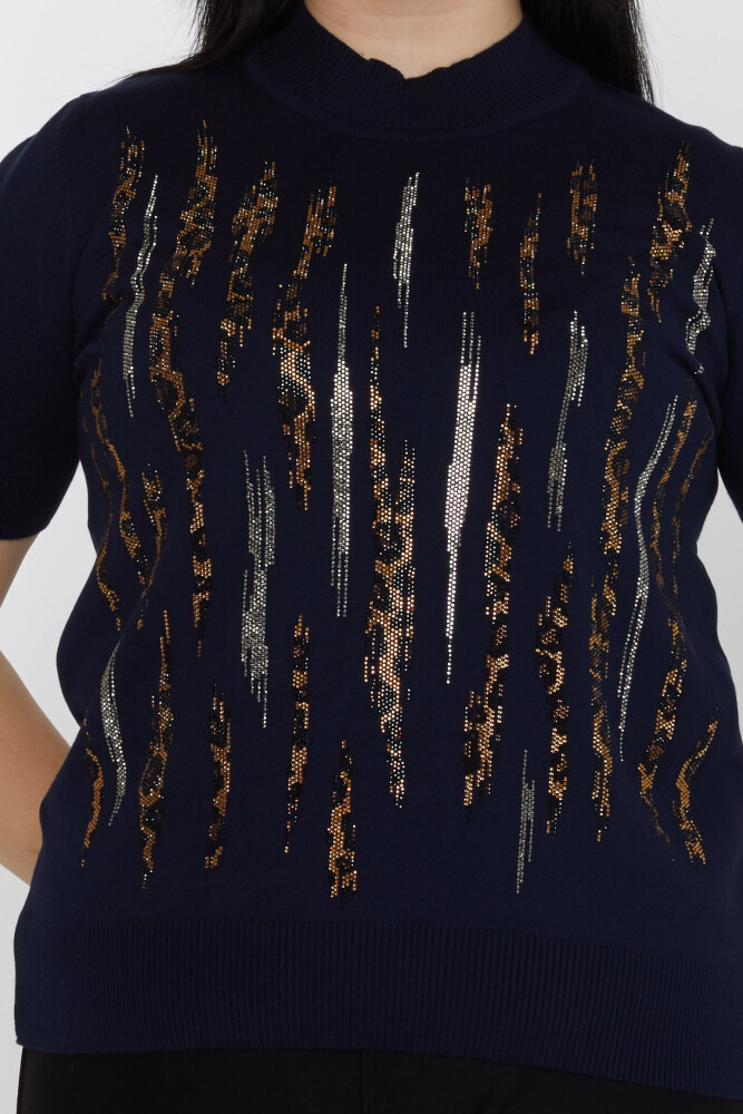 ژاکت بافتنی یقه دوزی سنگ پلنگی سرمه ای - 31565 | KAZEE (ست 3 M-L-XL) - 2