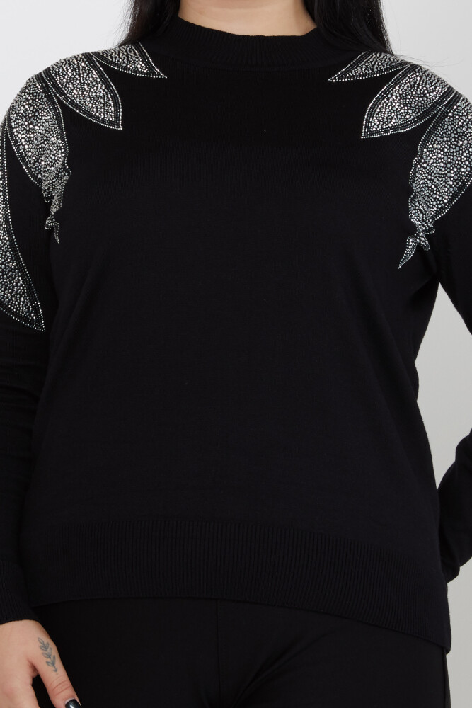 ژاکت بافتنی با یقه شانه دوزی سنگ دوزی مشکی-اکرو - 31601 | KAZEE (ست 3 M-L-XL) - 2