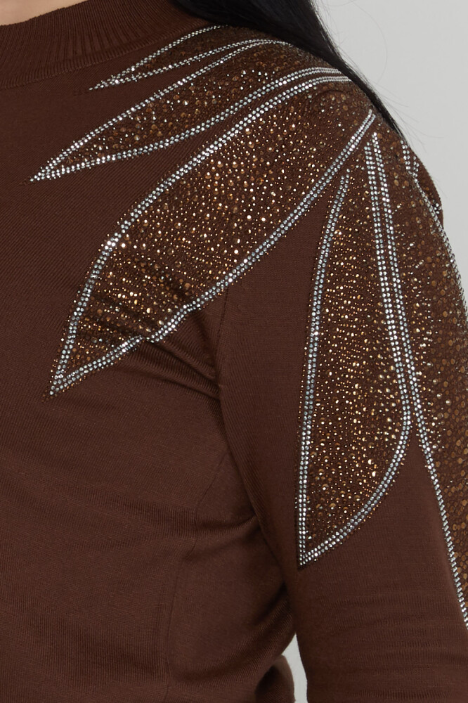 ژاکت بافتنی با یقه ایستاده شانه دوزی سنگ قهوه ای - 31601 | KAZEE (ست 3 M-L-XL) - 4