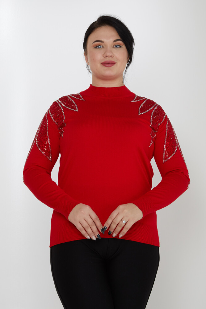 ژاکت بافتنی با یقه ایستاده سنگ دوزی شده قرمز - 31601 | KAZEE (ست 3 M-L-XL) - 1