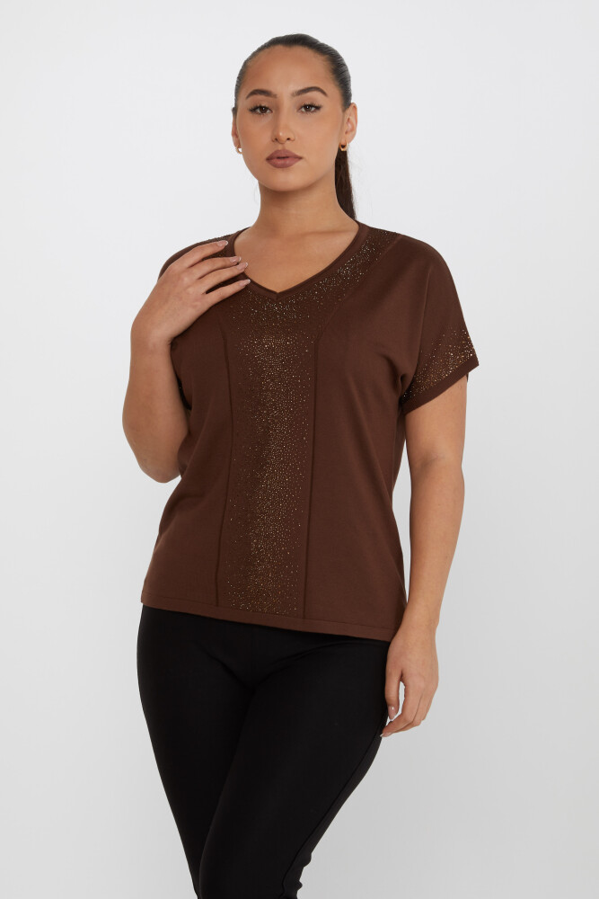 ژاکت بافتنی قهوه آستین کوتاه سنگ دوزی شده - 30761 | KAZEE (مجموعه 4 عددی L-XL-2XL-3XL) - 2