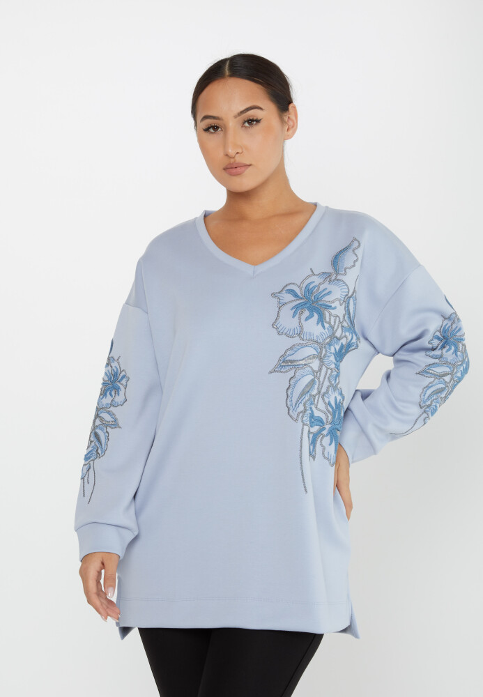 سویشرت آبی آستین بلند گلدوزی شده - 17783 | KAZEE (مجموعه 3 عددی L-XL-2XL) - 1
