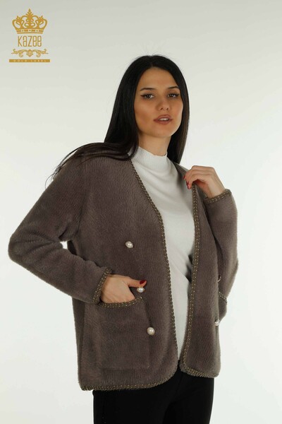 KAZEE - فروش عمده ژاکت کش باف پشمی زنانه - جزییات جیبی - خاکی - 30799 | KAZEE