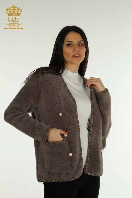 فروش عمده ژاکت کش باف پشمی زنانه - جزییات جیبی - خاکی - 30799 | KAZEE