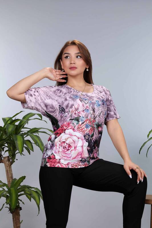 فروش عمده بلوز زنانه - طرح رنگارنگ پروانه و رز - 77803 | KAZEE