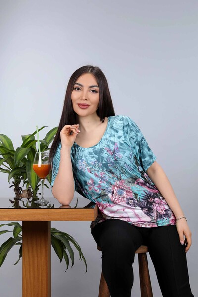 فروش عمده بلوز زنانه - طرح رنگارنگ پروانه و رز - 77803 | KAZEE - Thumbnail