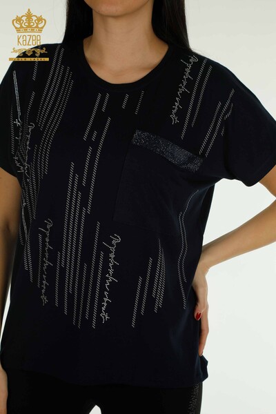 فروش عمده بلوز زنانه - جزییات جیبی - آبی سرمه ای - 79140 | KAZEE - 2