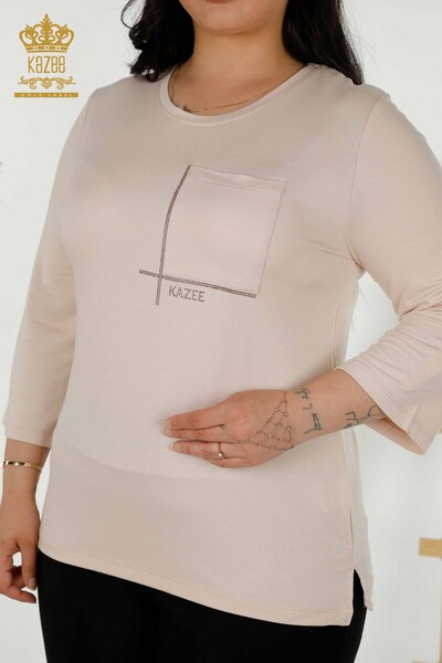 فروش عمده بلوز زنانه - جیبی - آستین کوتاه - بژ - 79234 | KAZEE - 2
