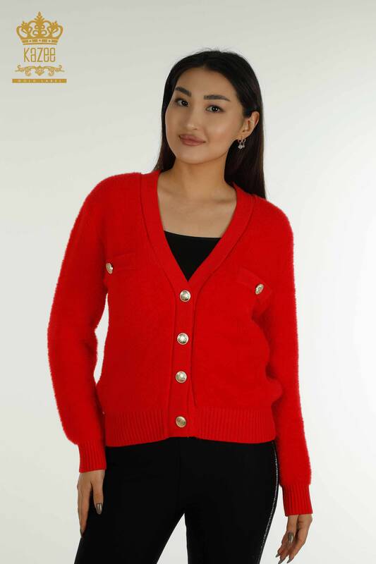فروش عمده ژاکت کش باف پشمی زنانه - دکمه ای - قرمز - 30626 | KAZEE