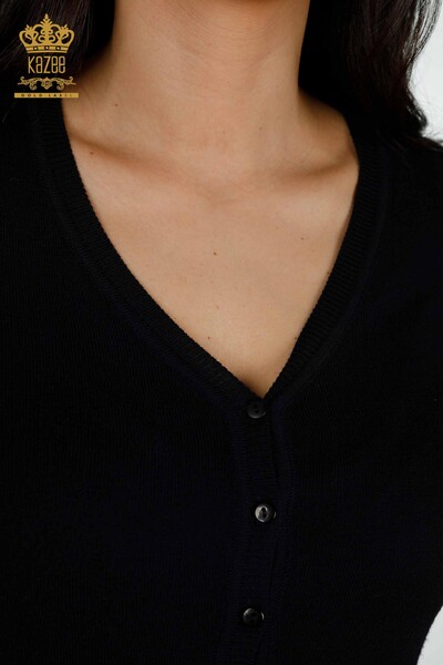 فروش عمده ژاکت کش باف پشمی زنانه - دکمه دار - آبی سرمه ای - 10712 | KAZEE - Thumbnail