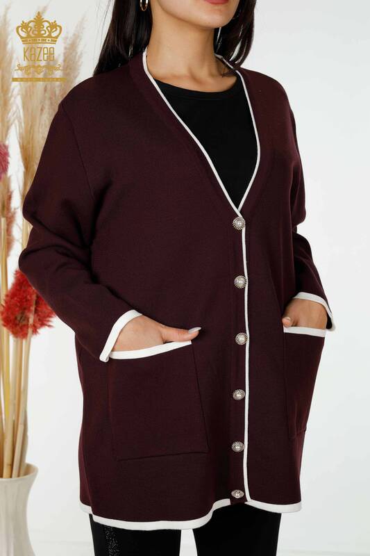 فروش عمده ژاکت کش باف پشمی زنانه - دکمه دار - جیبی - آلو - 30148 | KAZEE