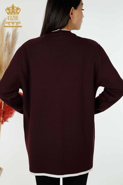 فروش عمده ژاکت کش باف پشمی زنانه - دکمه دار - جیبی - آلو - 30148 | KAZEE - Thumbnail