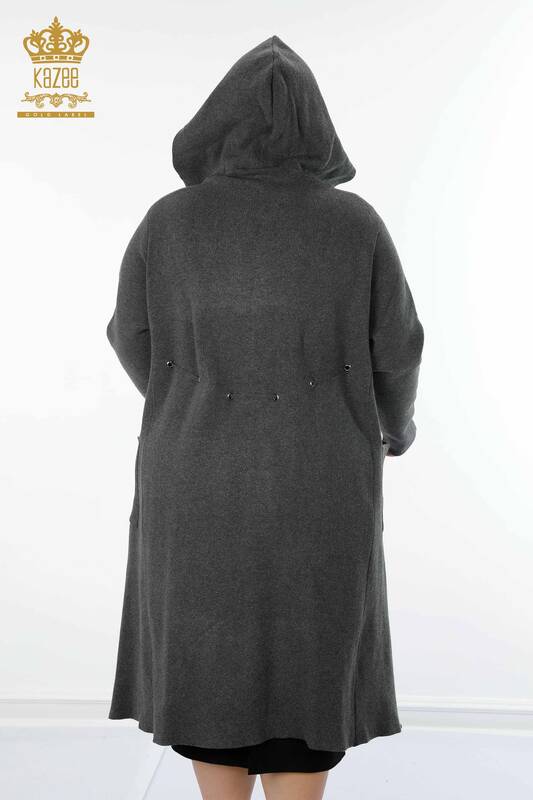 فروش عمده ژاکت کش باف پشمی زنانه - کلاهدار - بلند - آنتراسیت - 19075 | KAZEE