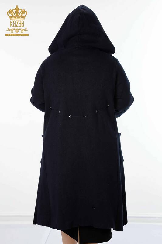 فروش عمده ژاکت کش باف پشمی زنانه - کلاهدار - بلند - سرمه ای - 19075 | KAZEE