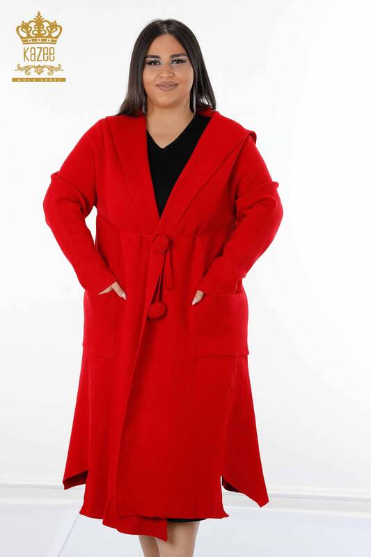 فروش عمده ژاکت کش باف پشمی زنانه - کلاه دار - بلند - قرمز - 19075 | KAZEE