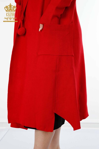 فروش عمده ژاکت کش باف پشمی زنانه - کلاه دار - بلند - قرمز - 19075 | KAZEE - Thumbnail