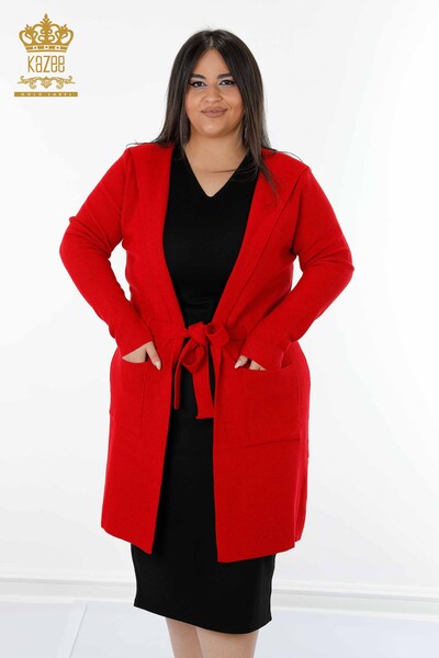 فروش عمده ژاکت کش باف پشمی زنانه - هودی - قرمز - 19079 | KAZEE - Thumbnail