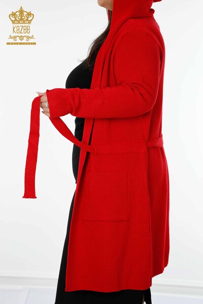 فروش عمده ژاکت کش باف پشمی زنانه - هودی - قرمز - 19079 | KAZEE - Thumbnail
