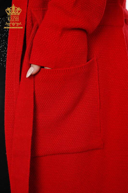 فروش عمده ژاکت کش باف پشمی زنانه - هودی - قرمز - 19079 | KAZEE