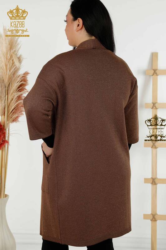 فروش عمده ژاکت کش باف پشمی زنانه - جیبی با جزئیات - قهوه ای - 30047 | KAZEE