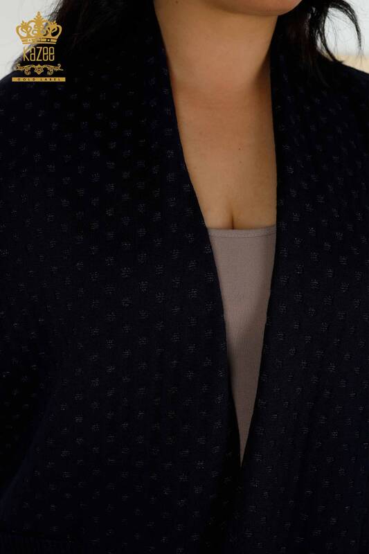 عمده فروشی ژاکت کش باف پشمی زنانه - جزییات جیبی - آبی سرمه ای - 30056 | KAZEE