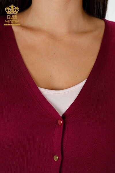 فروش عمده ژاکت کش باف پشمی زنانه - آستین - دکمه دار - بنفش - 16941 | KAZEE - Thumbnail