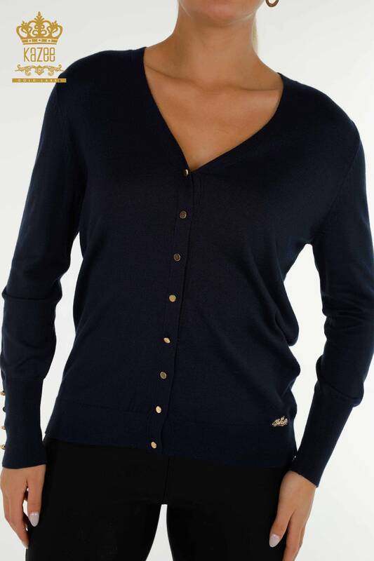 عمده فروشی ژاکت کش باف پشمی زنانه - آستین - دکمه دار - آبی سرمه ای - 30136 | KAZEE
