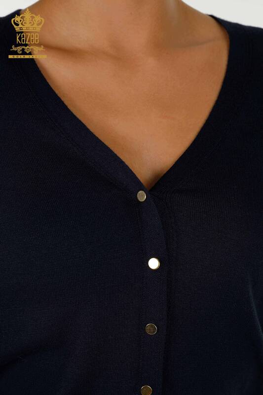 عمده فروشی ژاکت کش باف پشمی زنانه - آستین - دکمه دار - آبی سرمه ای - 30136 | KAZEE