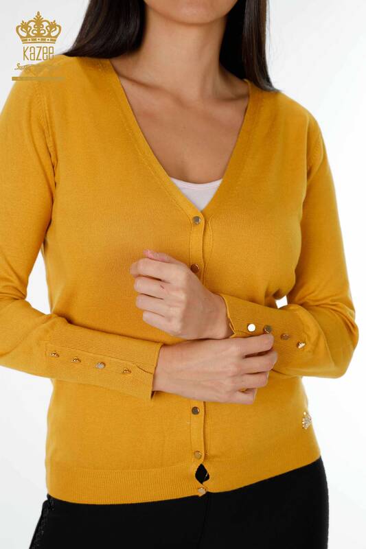 فروش عمده ژاکت کش باف پشمی زنانه - آستین - دکمه دار - زعفرانی - 16941 | KAZEE