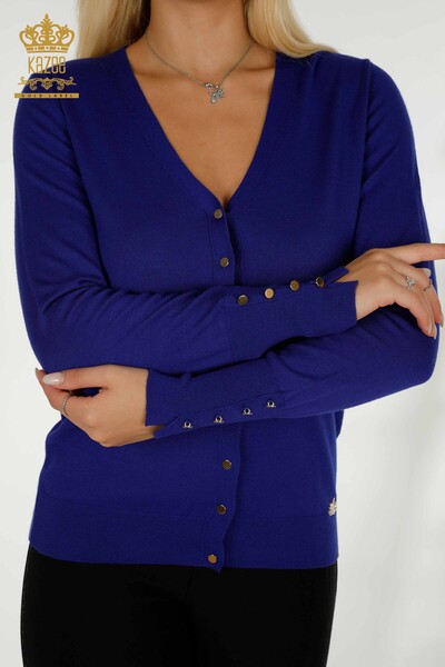 فروش عمده ژاکت کش باف پشمی زنانه - آستین - دکمه دار - ساکس - 30136 | KAZEE - Thumbnail