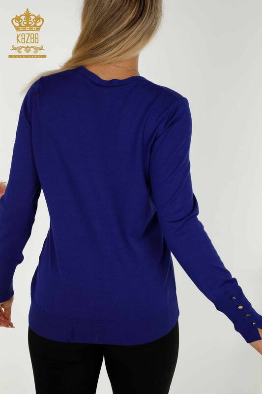 فروش عمده ژاکت کش باف پشمی زنانه - آستین - دکمه دار - ساکس - 30136 | KAZEE