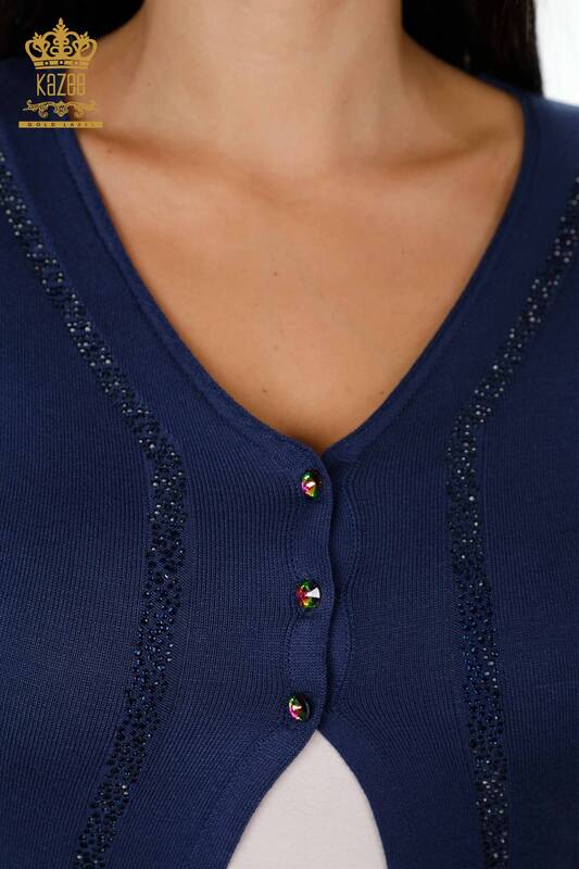فروش عمده ژاکت کش باف پشمی زنانه - سنگ دوزی - آبی سرمه ای - 15169 | KAZEE