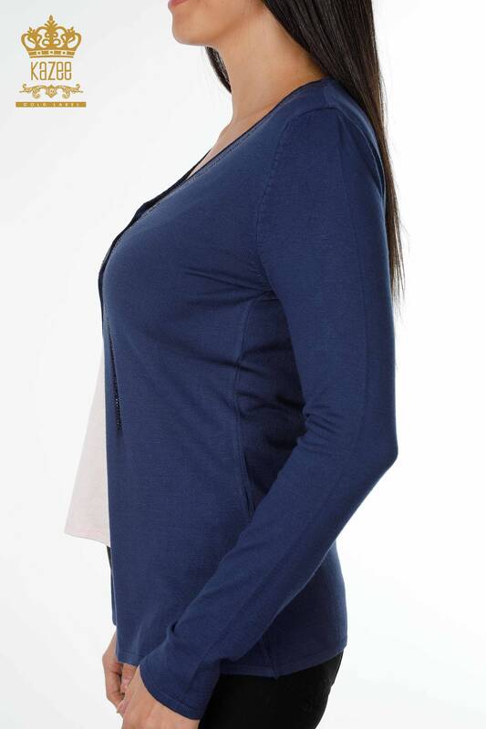 فروش عمده ژاکت کش باف پشمی زنانه - سنگ دوزی - آبی سرمه ای - 15169 | KAZEE