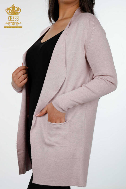 فروش عمده ژاکت کش باف پشمی زنانه - ویسکوز - دو جیب - بلند - 15196 | KAZEE
