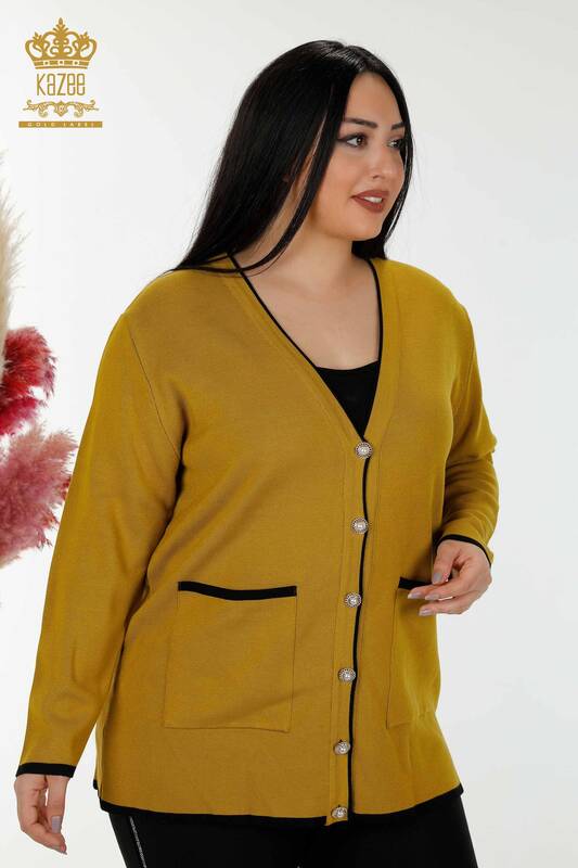 فروش عمده ژاکت کش باف پشمی زنانه - دکمه دار - جیبی - خردلی - 30148 | KAZEE